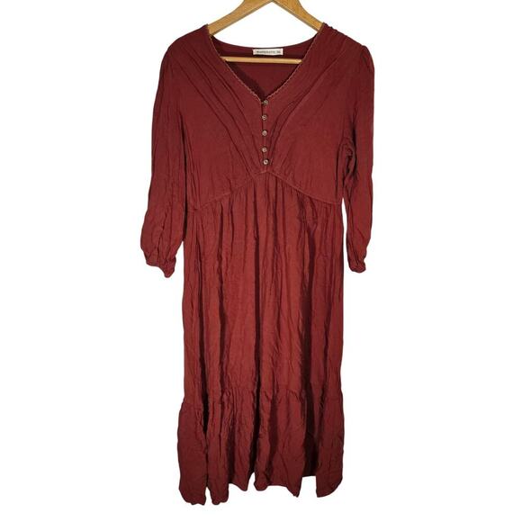 RusttyDustty Rust Orange Teired Pintucked Maxi Dress 2XL Blouson Sleeves Boho - Picture 1 of 7